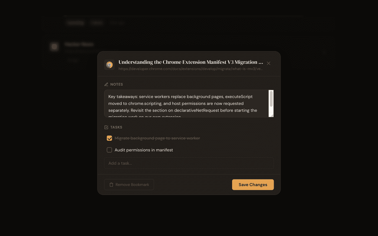 Editing notes and tasks on a bookmark